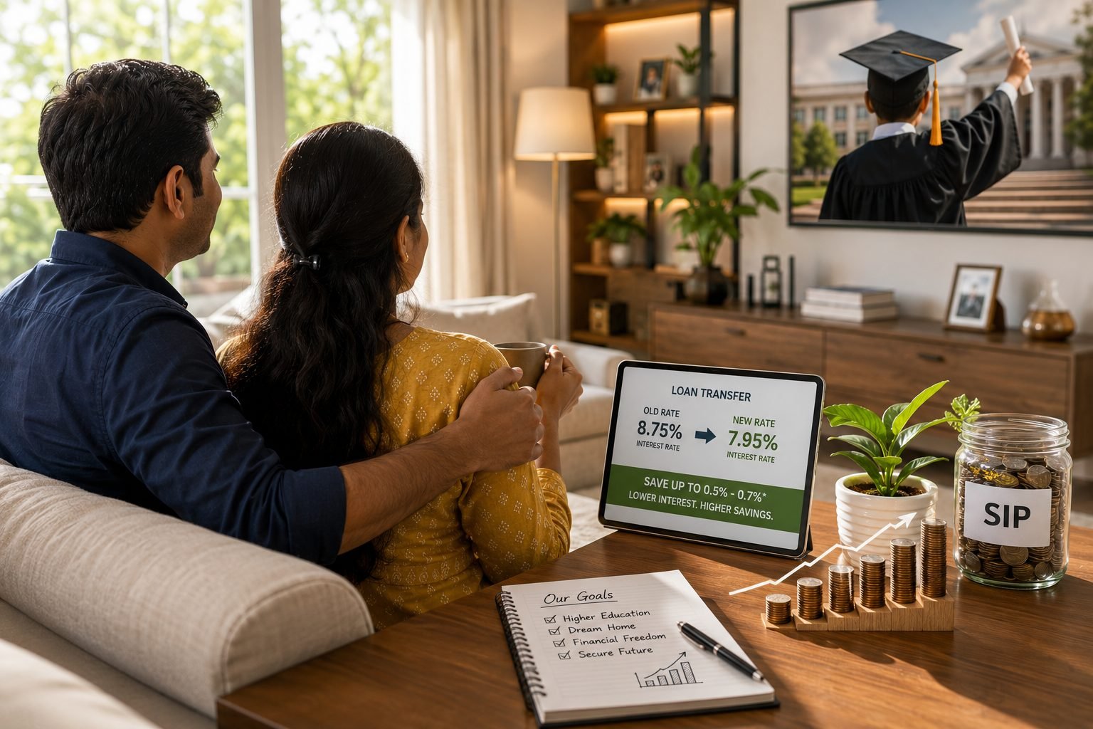 Couple reviewing a loan transfer rate comparison with GTI Loans